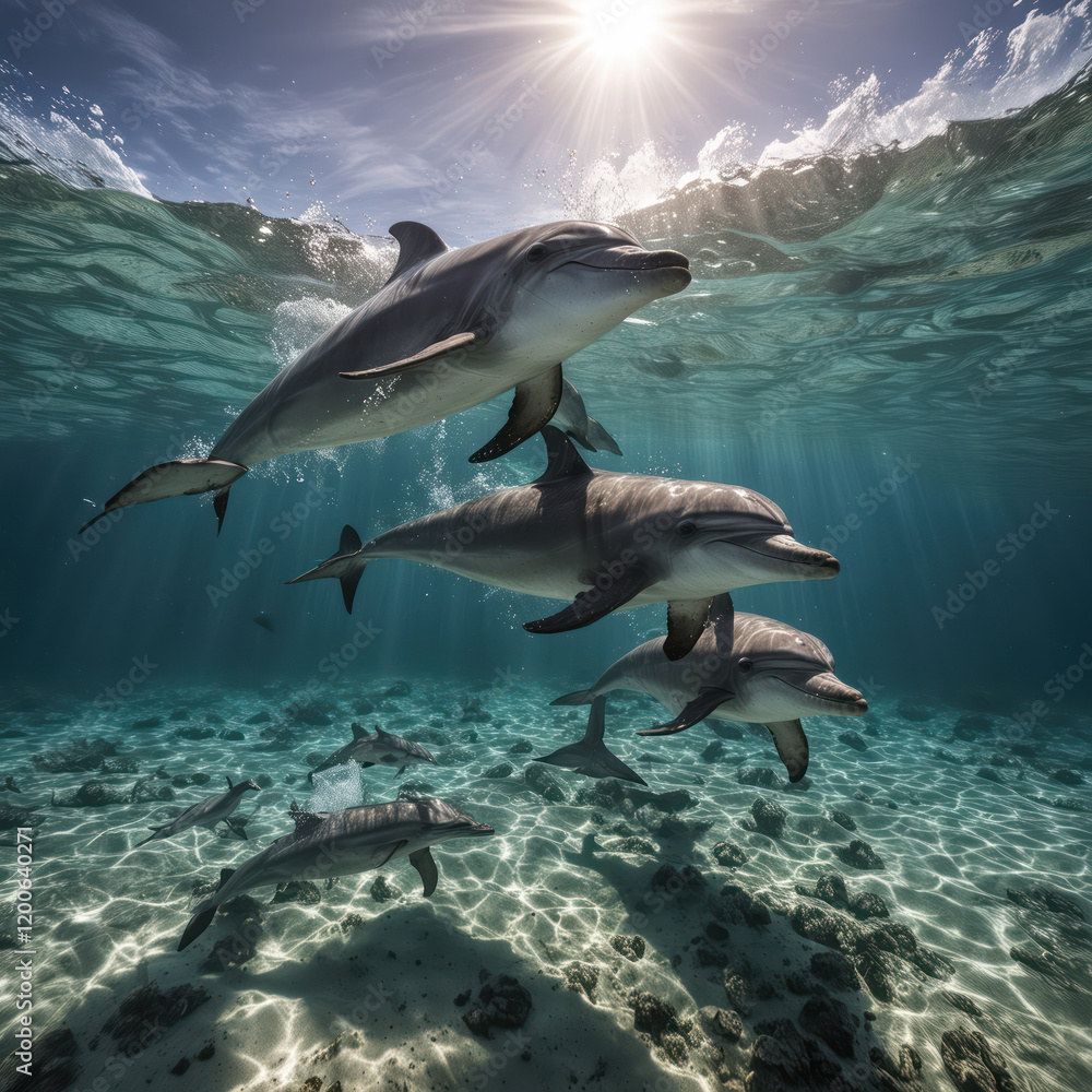 Fototapeta premium Graceful Dolphins Swimming in Crystal-Clear Underwater Serenity By Generated AI