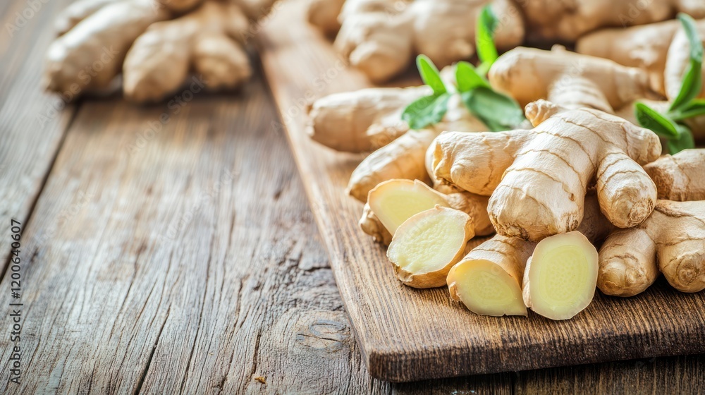Fresh Ginger Root on Rustic Wooden Board Fresh Ginger Root on Rustic Wooden Board