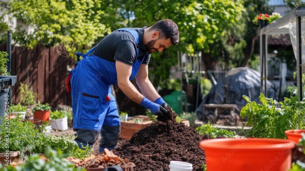 Fototapeta premium A gardener tends to fresh soil and plants in a vibrant backyard garden on a sunny day