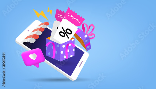 Ecommerce concept. Online shopping.  Parcel box with order confirmation icon on a computer. product shipping packing. Gift box and coupon discount. Vector illustration.
