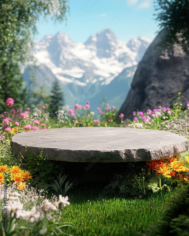 A small flat rock serves as a placeholder for a product in a vibrant outdoor setting, framed by majestic mountains and a scenic natural backdrop. A small flat rock serves as a placeholder for a product in a vibrant outdoor setting, framed by majestic mountains and a scenic natural backdrop.