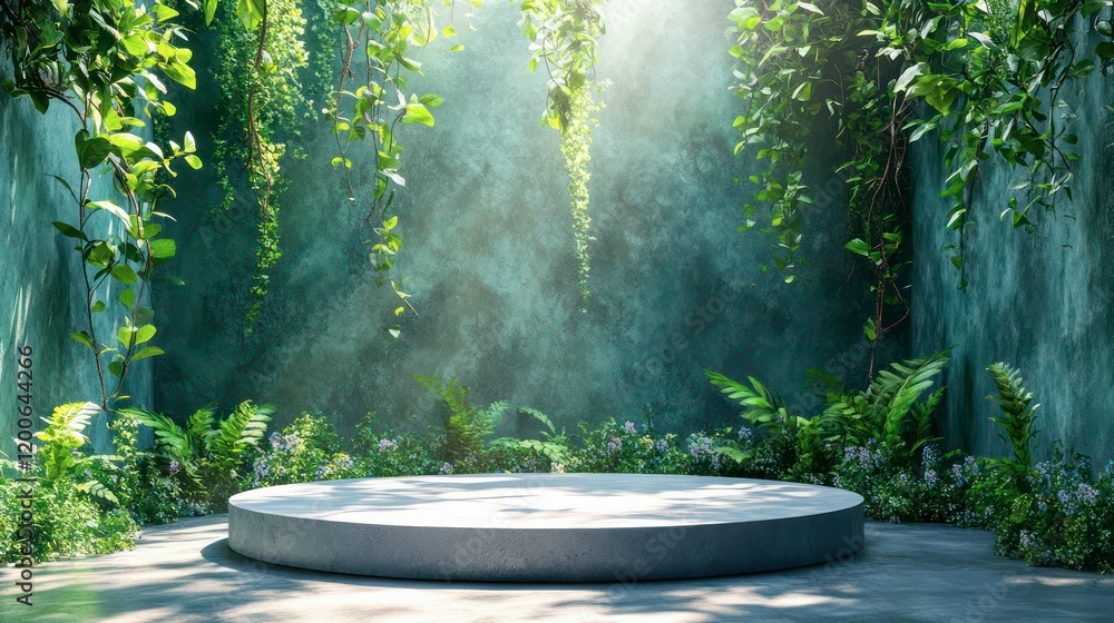 A circular podium set in a serene outdoor spring setting, featuring green and white tones, with grass and branches elegantly framing the sides. A circular podium set in a serene outdoor spring setting, featuring green and white tones, with grass and branches elegantly framing the sides.