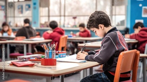 Young students are diligently writing and drawing at their desks in a vibrant classroom