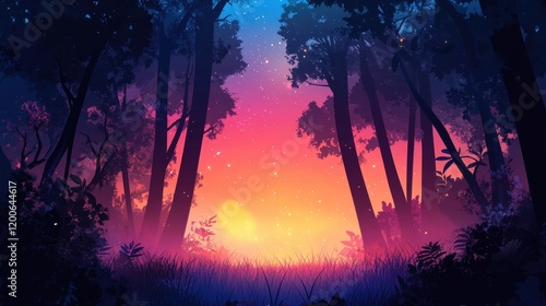 Silhouetted Trees Frame Vibrant Sunset Forest Scene