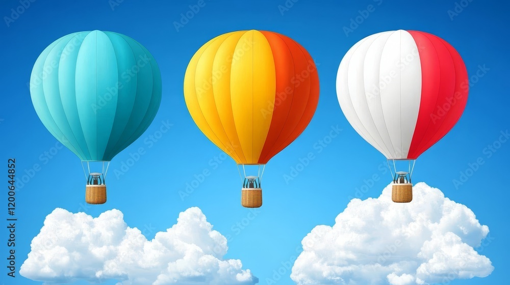 Fototapeta premium Three vibrantly colored hot air balloons ascending above fluffy white clouds in a clear blue sky