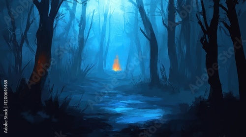 A Campfire Glow Illuminates a Dark Blue Forest Path