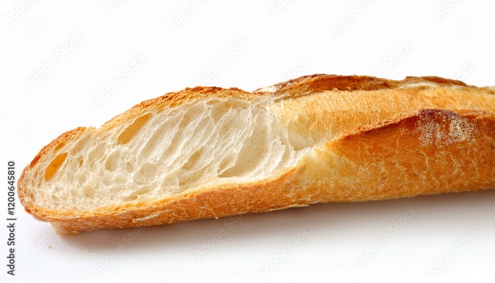 Golden-brown baguette, sliced open, revealing soft, airy crumb. Golden-brown baguette, sliced open, revealing soft, airy crumb.