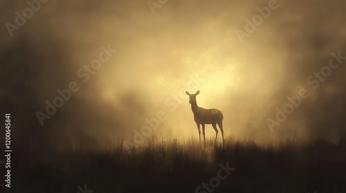 Solitary Deer in Golden Mist Sunrise Landscape