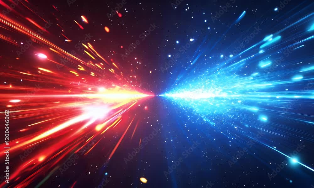 Red and blue light streaks collide, cosmic background, abstract energy Red and blue light streaks collide, cosmic background, abstract energy