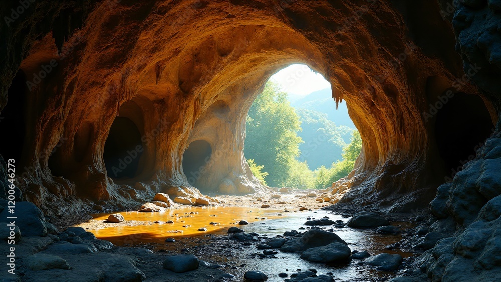 Natural cave with stunning rock formations, soft light streaming through the entrance, glistening textures, and a mystical, adventurous atmosphere. Natural cave with stunning rock formations, soft light streaming through the entrance, glistening textures, and a mystical, adventurous atmosphere.