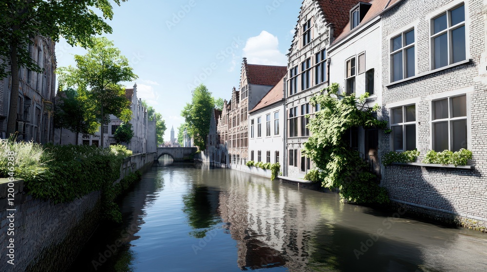 Serene canal view with historic buildings and lush greenery. Serene canal view with historic buildings and lush greenery.