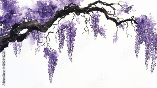 a whimsical ink-style wisteria tree, cascading violet blossoms hanging from gently curved branches, bold black trunk with dynamic twists