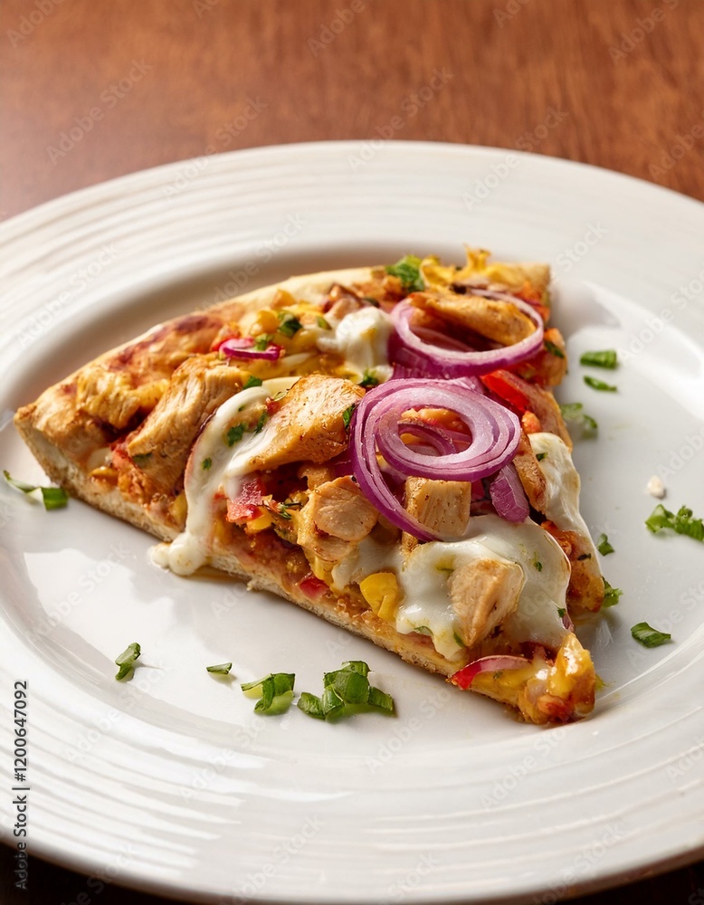 A slice of cheesy chicken pizza with red onion. A slice of cheesy chicken pizza with red onion.