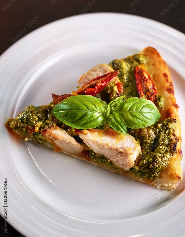 A slice of pesto chicken pizza, fresh basil, sun-dried tomatoes. A slice of pesto chicken pizza, fresh basil, sun-dried tomatoes.
