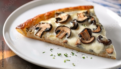 Creamy mushroom pizza slice on a white plate. photo