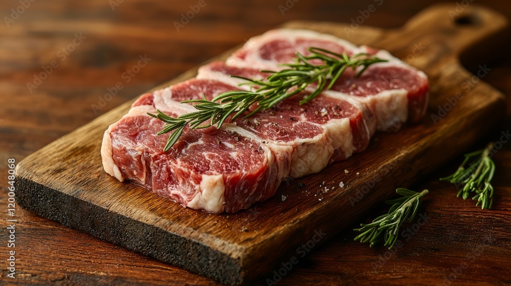 Fresh Raw Meat with Herbs on Wooden Cutting Board Fresh Raw Meat with Herbs on Wooden Cutting Board