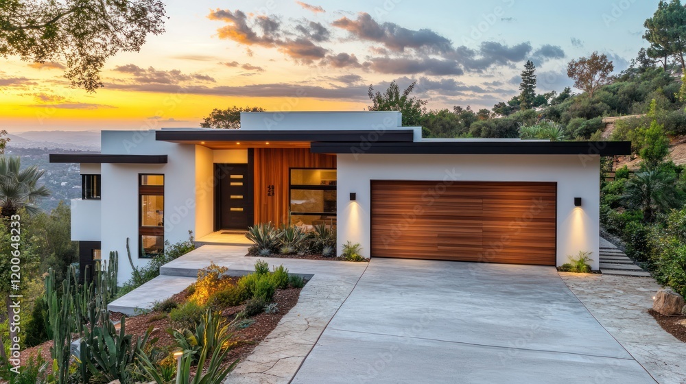 Fototapeta premium Modern hillside home sunset exterior real estate