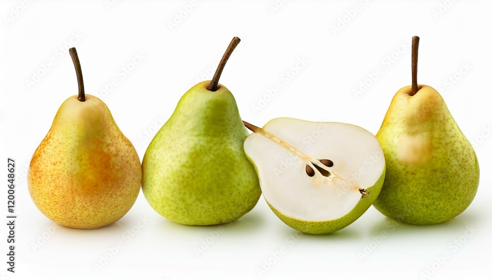 Three whole pears and one pear half, showcasing their vibrant colors and textures. Three whole pears and one pear half, showcasing their vibrant colors and textures.