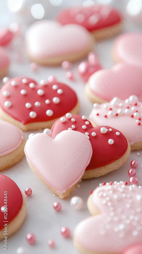Valentine’s Day cookies, frosted in pastel pink and red, adorned with tiny edible pearls and sprinkles, creating a sweet and festive atmosphere Valentine’s Day cookies, frosted in pastel pink and red, adorned with tiny edible pearls and sprinkles, creating a sweet and festive atmosphere