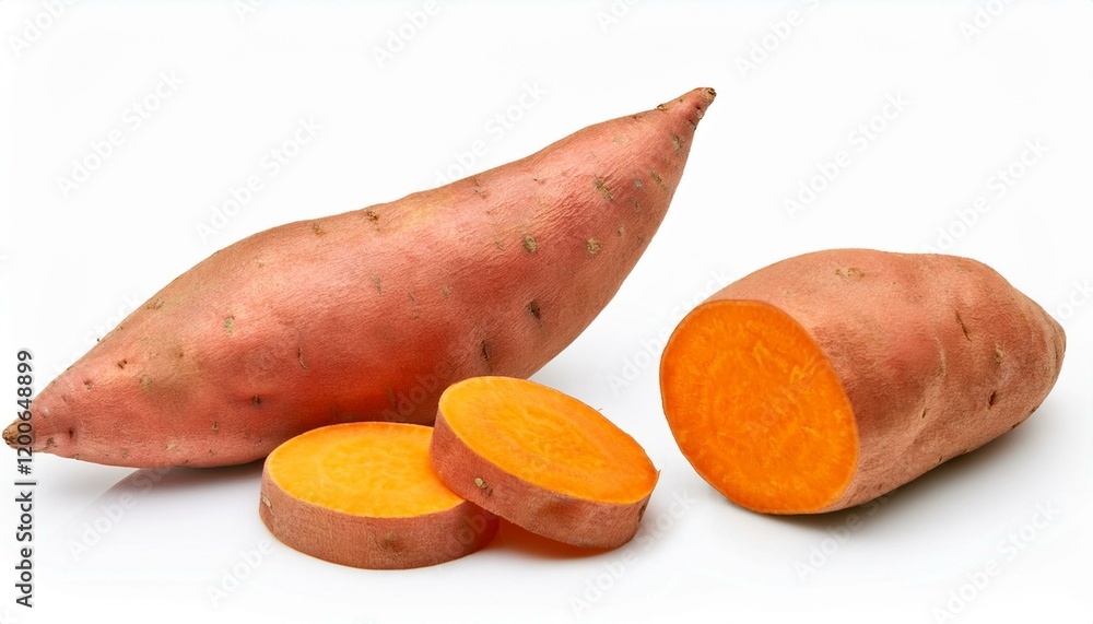 Sweet potatoes, whole and sliced, on white background.