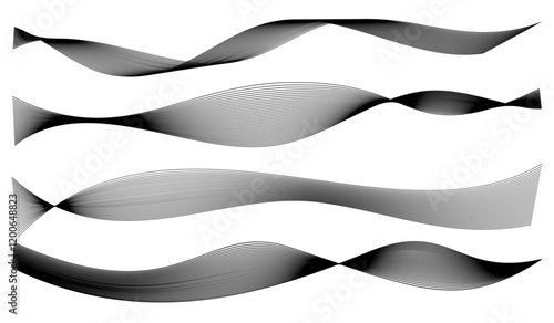 4 collection black dynamic wave pattern for element design. Abstract wavy stripes isolated on white background. Many black lines circle twist.