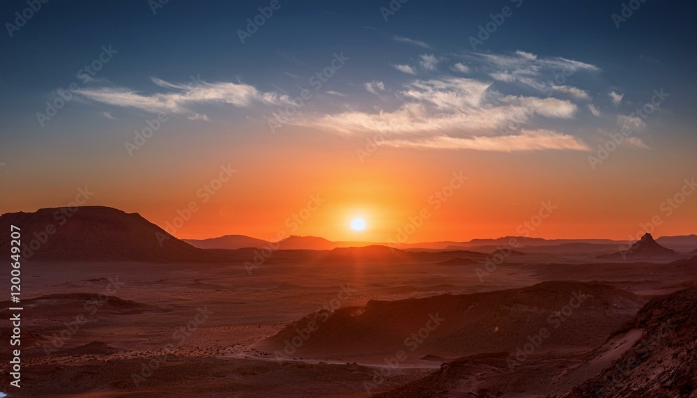 Fototapeta premium Fiery sunset over a vast desert landscape.