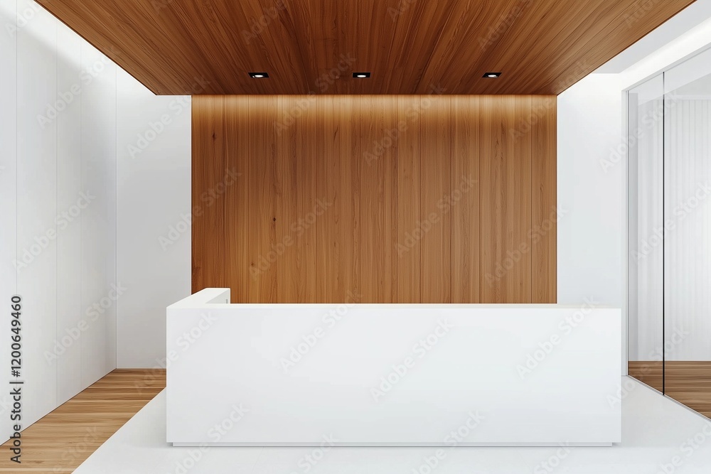 Fototapeta premium Reception with white desk, wood-paneled wall.
