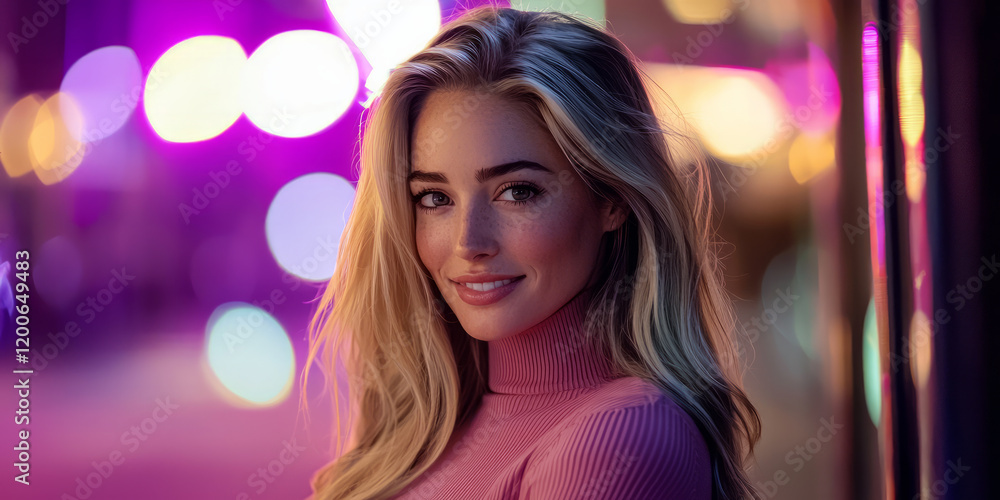 Portrait of a beautiful blonde woman with long hair, wearing a pink turtleneck and smiling as she looks at the camera, generative AI Portrait of a beautiful blonde woman with long hair, wearing a pink turtleneck and smiling as she looks at the camera, generative AI