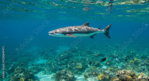 Oceanic Shark Swimming in Coral Reef Underwater Wildlife