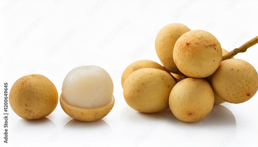 Fresh Langsat fruit on white background. One fruit is peeled, showcasing its creamy white flesh. Fresh Langsat fruit on white background. One fruit is peeled, showcasing its creamy white flesh.