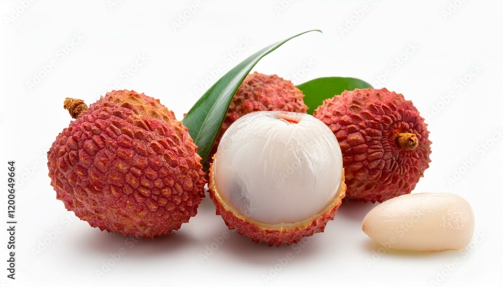 Fresh lychees with leaves on white background Fresh lychees with leaves on white background