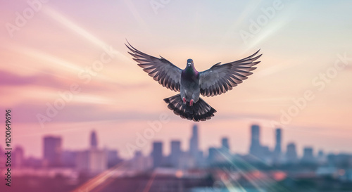 Peaceful Dove Soaring Above Cityscape at Sunset