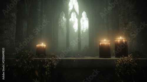 Wallpaper Mural Ancient Ruins Candles Lit in Misty Forest Setting Torontodigital.ca