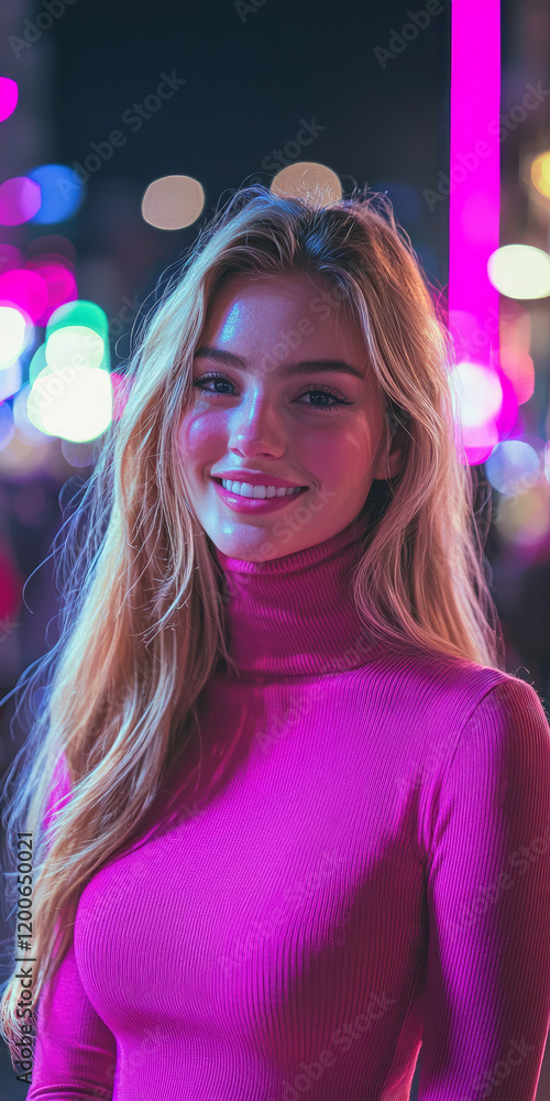 Portrait of a beautiful blonde woman with long hair, wearing a pink turtleneck and smiling as she looks at the camera, generative AI Portrait of a beautiful blonde woman with long hair, wearing a pink turtleneck and smiling as she looks at the camera, generative AI