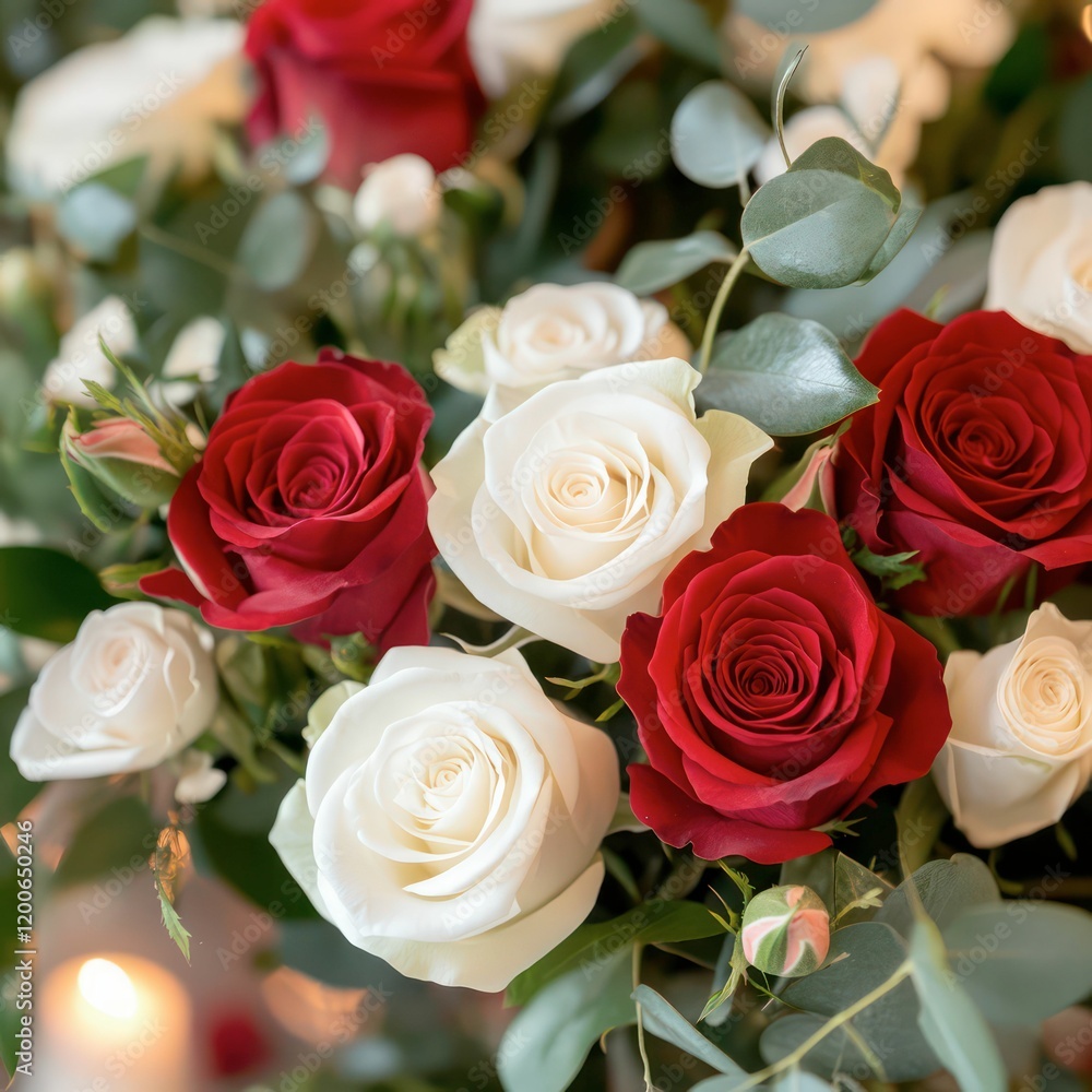 A bouquet of red and white roses, beautifully arranged with lush green leaves, bathed in soft natural lighting that enhances their vibrant colors and delicate details. A bouquet of red and white roses, beautifully arranged with lush green leaves, bathed in soft natural lighting that enhances their vibrant colors and delicate details.