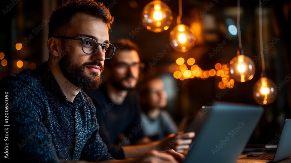 Focused Young Man Working Late at Night in a Cozy Cafe with Warm Lighting Focused Young Man Working Late at Night in a Cozy Cafe with Warm Lighting