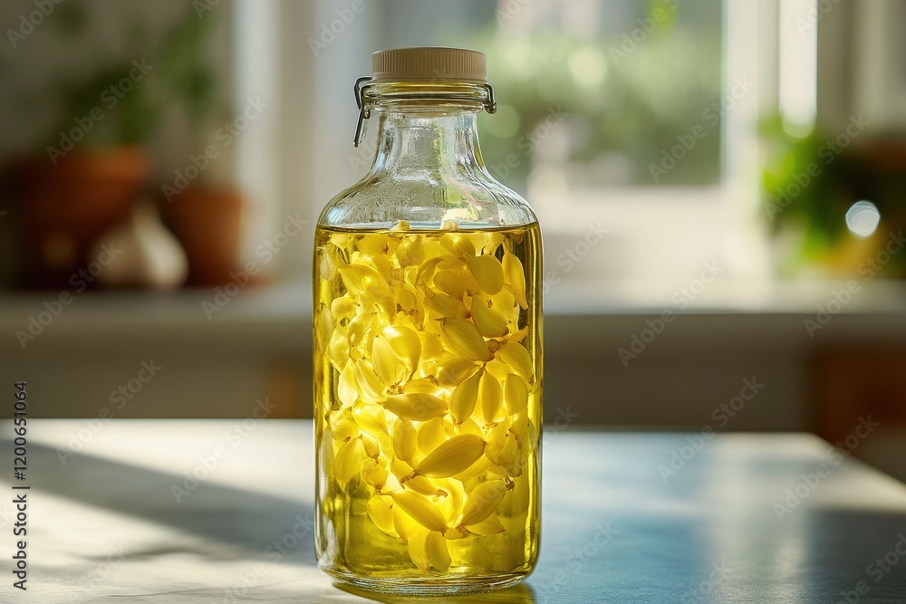 Glass bottle filled with yellow flowers infused in oil. Perfect for cooking, beauty products, or herbal remedies. Glass bottle filled with yellow flowers infused in oil. Perfect for cooking, beauty products, or herbal remedies.