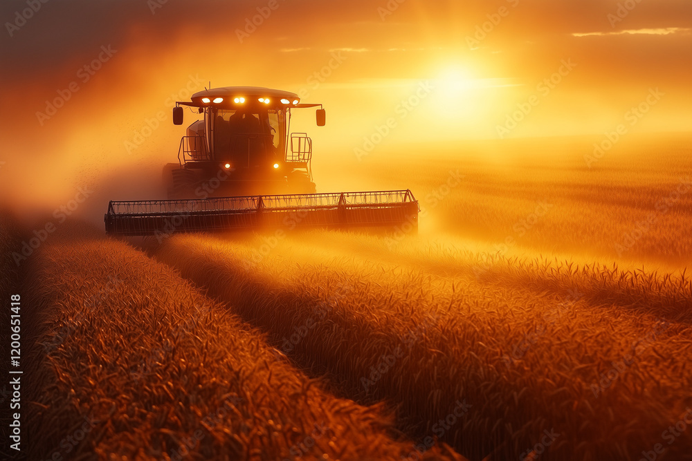 Fototapeta premium Oat Swather Creating Windrows with Stalks Lying Neatly for Harvesting