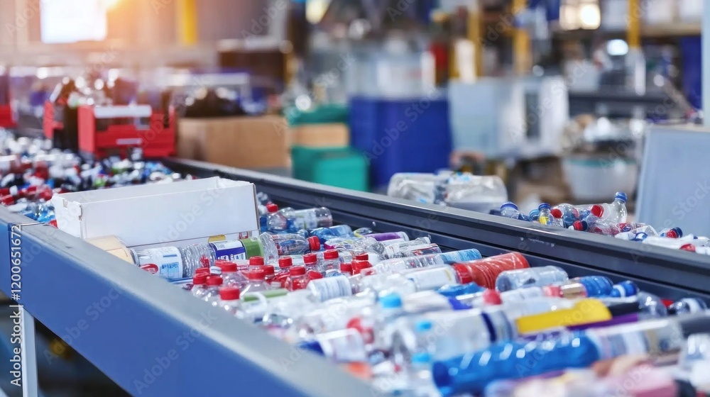 Bottles are moving along a conveyor belt at a recycling center, with workers sorting materials Bottles are moving along a conveyor belt at a recycling center, with workers sorting materials
