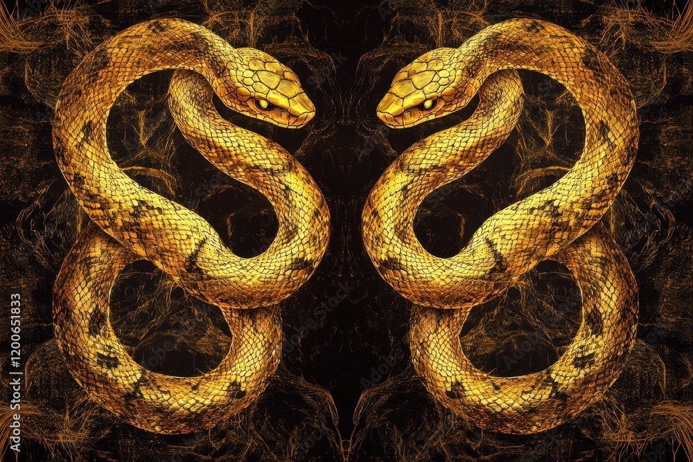 Obraz premium Two Golden Snakes Mirrored in a Dark Abstract Background