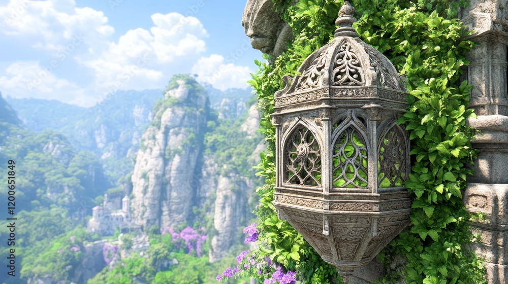 Naklejka premium Ancient Stone Lantern Overlooking Mountain Valley