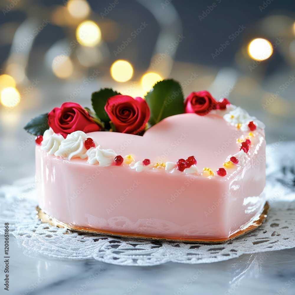 A valentine day heart-shaped cake in pastel pink, decorated with delicate buttercream roses, placed elegantly on a lace doily, with a soft, blurred background enhancing its charm. A valentine day heart-shaped cake in pastel pink, decorated with delicate buttercream roses, placed elegantly on a lace doily, with a soft, blurred background enhancing its charm.