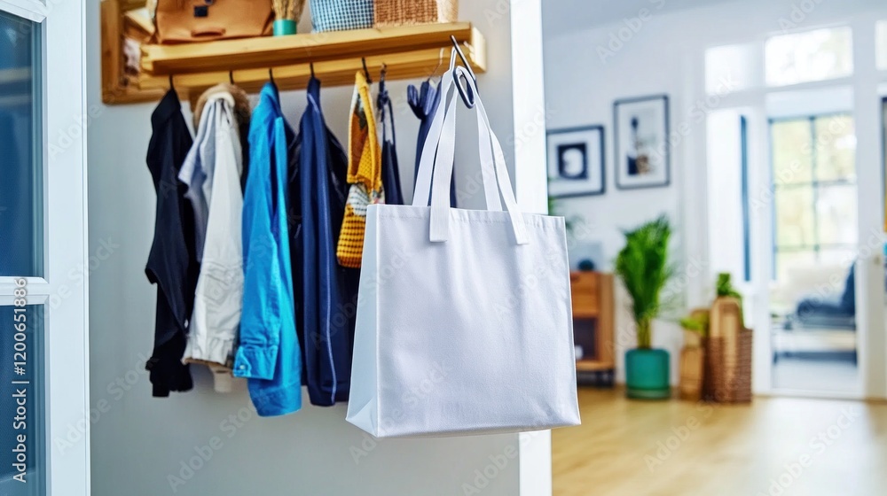 Fototapeta premium Clothes are neatly arranged on a rack while a tote bag hangs nearby in a bright hallway