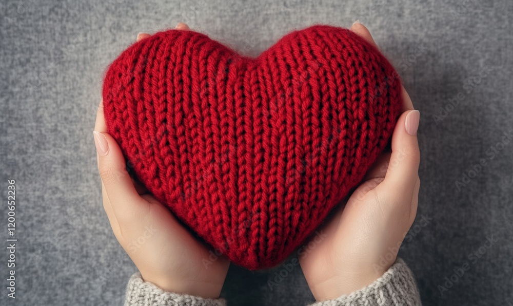 Holding a red woolen heart in his hand Holding a red woolen heart in his hand