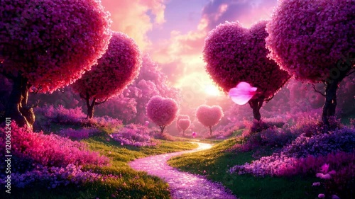 Animation Magical Garden with Heart-Shaped Trees and Glowing Pathways