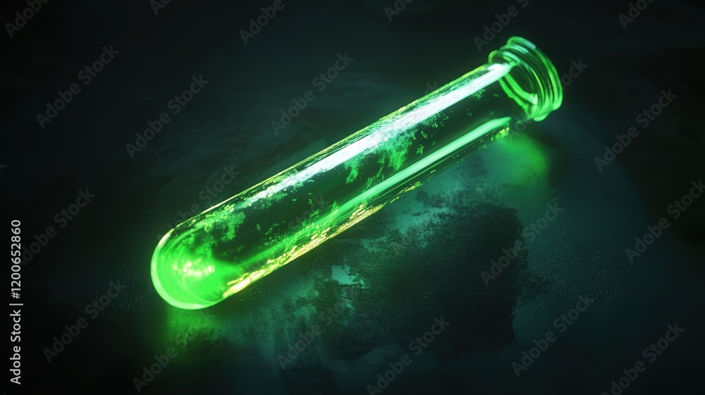 Naklejka premium glowing green test tube held against a dark background, evoking themes of mystery and discovery