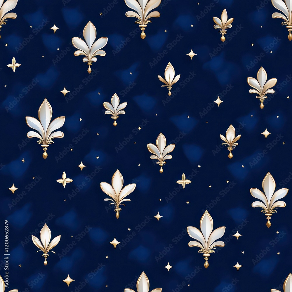 A bold gold Fleur-de-Lis pattern, repeated symmetrically against a deep royal blue background, creating an elegant and regal design with a luxurious feel. A bold gold Fleur-de-Lis pattern, repeated symmetrically against a deep royal blue background, creating an elegant and regal design with a luxurious feel.