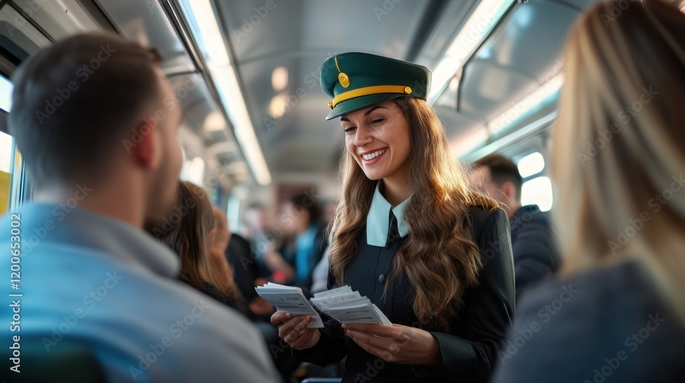 Fototapeta premium A ticket collector interacts happily with passengers on a train, distributing tickets