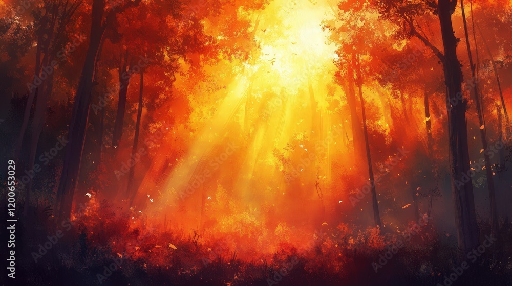 golden sunset behind a forest, with beams of light streaming through the trees and the sky painted in vibrant shades of orange and red golden sunset behind a forest, with beams of light streaming through the trees and the sky painted in vibrant shades of orange and red