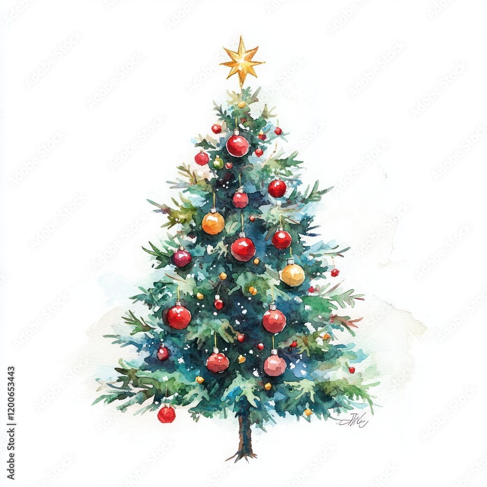Fototapeta premium Christmas Tree with Colorful Ornaments and Star, Watercolor Holiday Illustration on White Background for New Year and Christmas Greeting Card